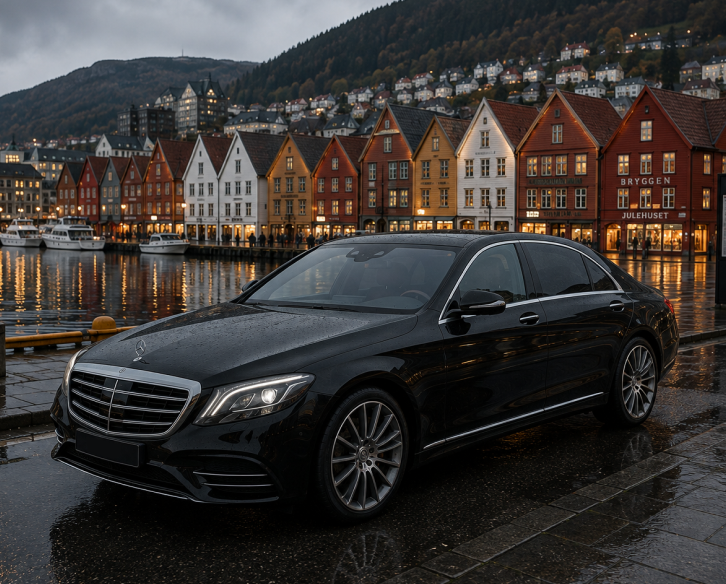 Chauffeur car by the colorful houses of Bryggen, Bergen